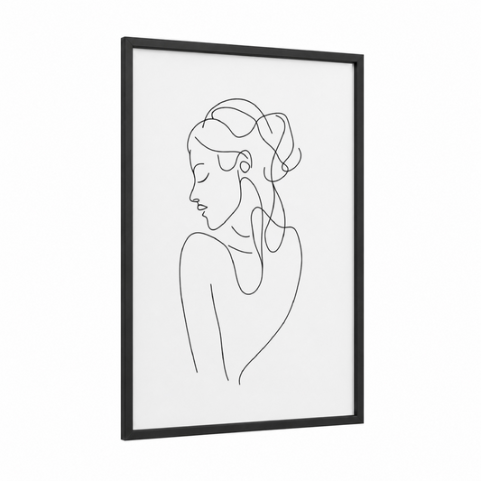 Elegant Profile Line framed hair print — black wood frame — black and white palette