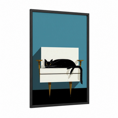 Lounging Black Cat framed art print — black wood frame — teal and black and white palette