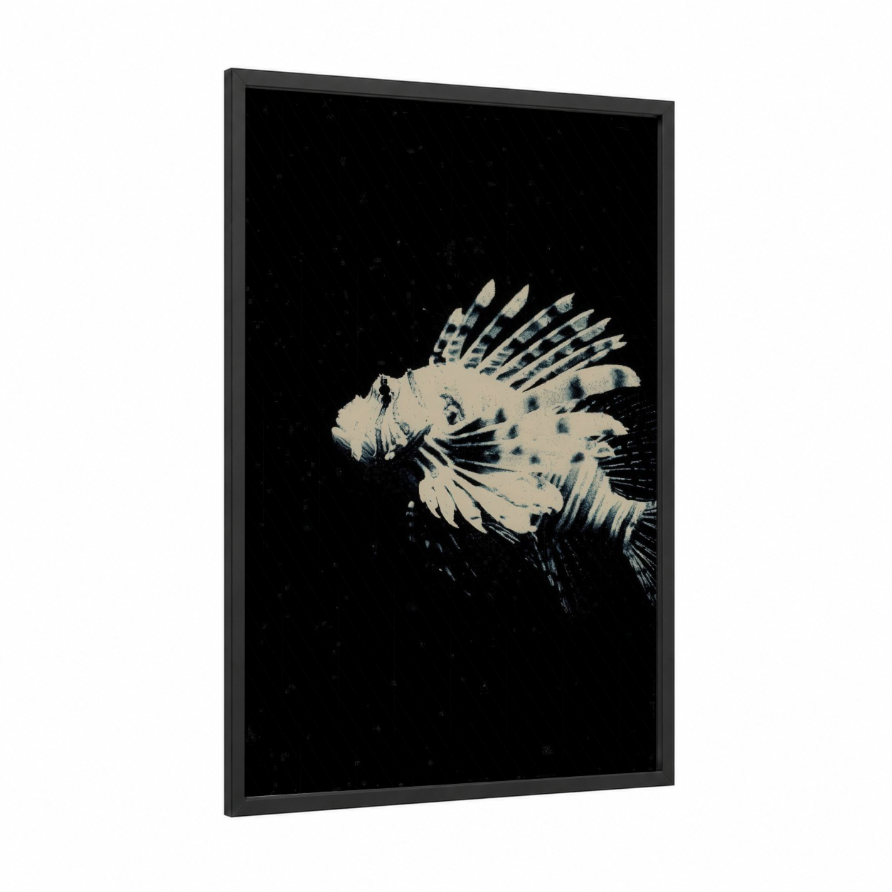 Phantom Lionfish framed art print — black wood frame — black and white and cream palette