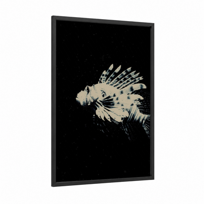 Phantom Lionfish framed art print — black wood frame — black and white and cream palette