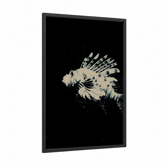 Phantom Lionfish framed art print — black wood frame — black and white and cream palette