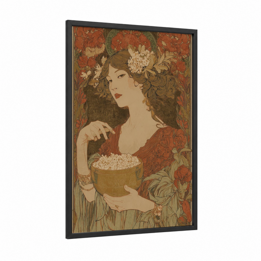Vintage Popcorn framed art print — black wood frame — cream palette