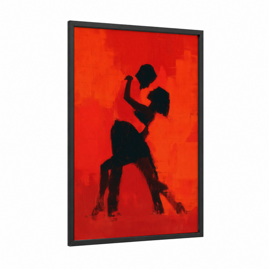 Crimson Salsa Dancer framed art print — black wood frame — red and black palette
