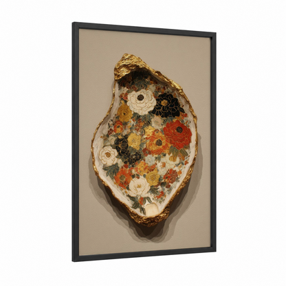Golden Oyster Shell framed art print — black wood frame — gold and cream palette