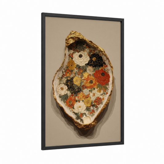 Golden Oyster Shell framed art print — black wood frame — gold and cream palette
