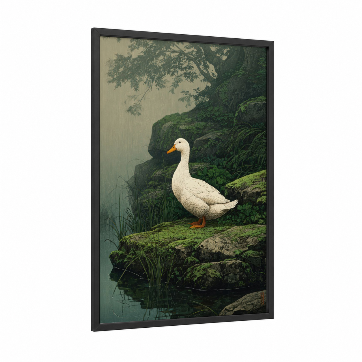 Misty Duck framed ducks print — black wood frame — dark green and white palette
