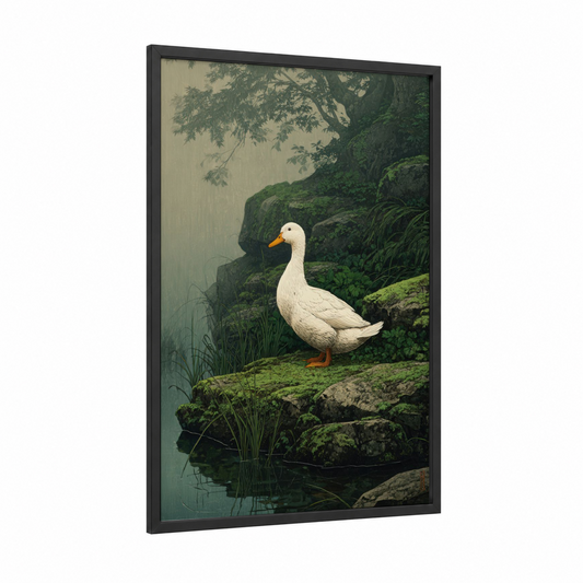 Misty Duck framed ducks print — black wood frame — dark green and white palette