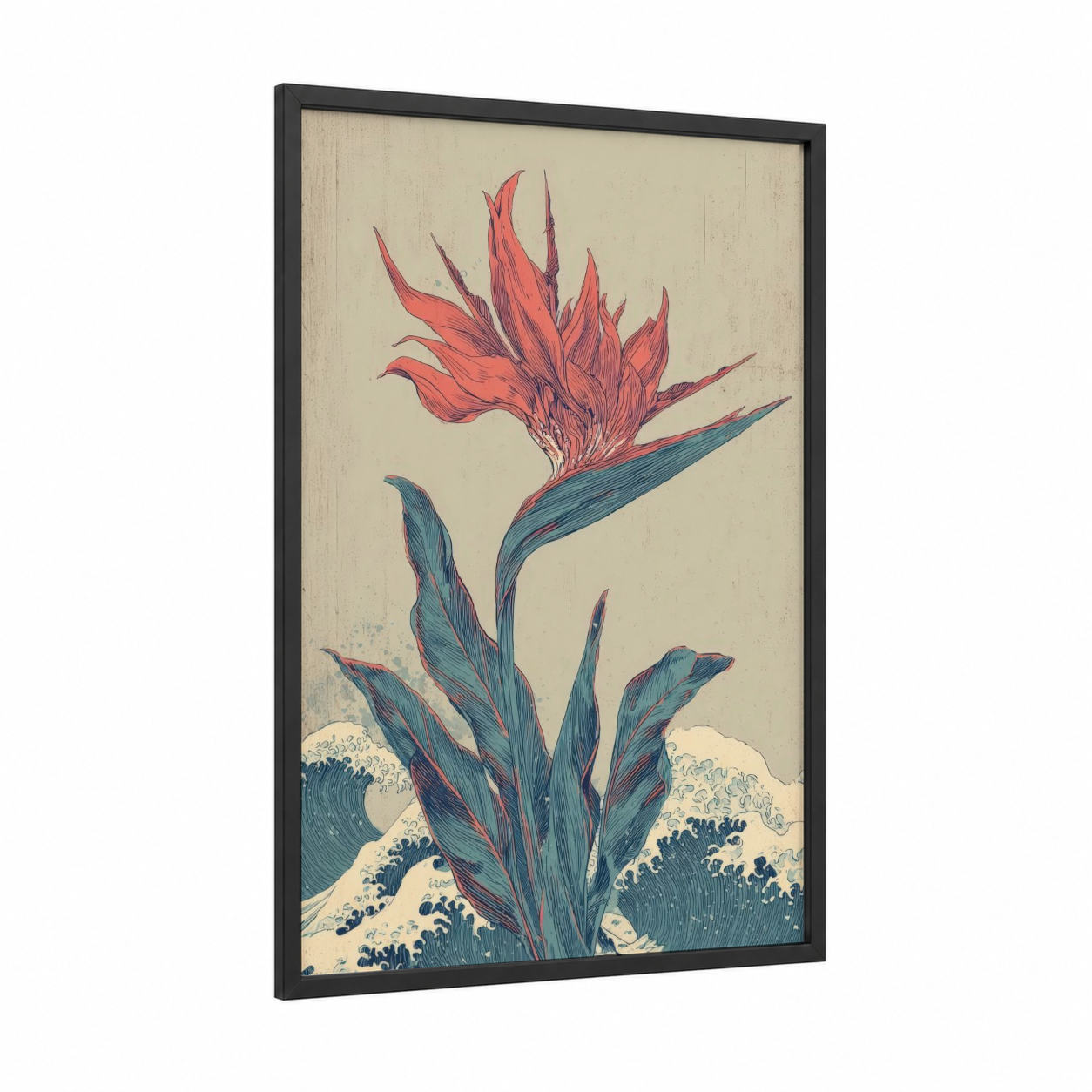 Crimson Paradise Bloom framed birds of paradise print — black wood frame — salmon pink and teal palette