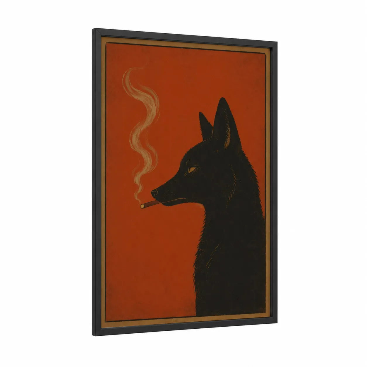 Smoking Fox Portrait Wall Art framed art print — black wood frame — orange and black palette