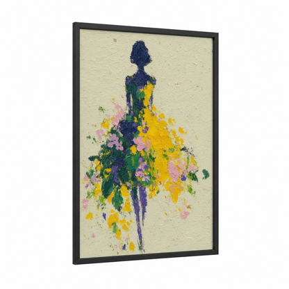 Floral Fashion Silhouette framed fashion illustration print — black wood frame — yellow gold and pink palette