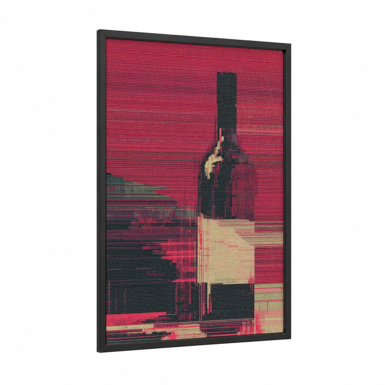 Crimson Wine Bottle framed red wine print — black wood frame — maroon and magenta palette