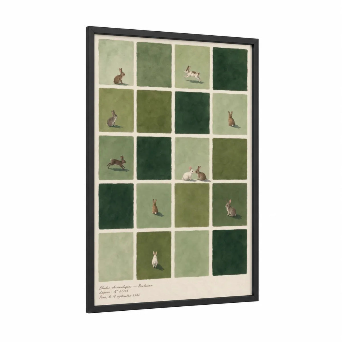 Botanical Study Rabbits Wall Art framed art print — black wood frame — sage green and cream palette