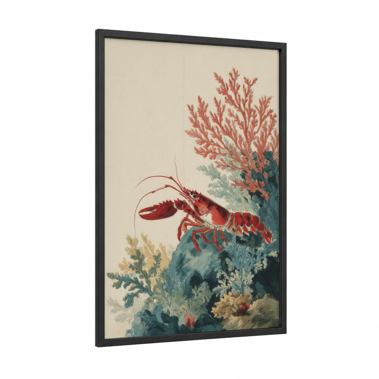 Coral Reef Lobster framed art print — black wood frame — russet and teal palette