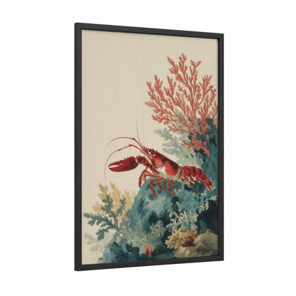 Coral Reef Lobster framed art print — black wood frame — russet and teal palette