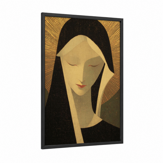 Serene Madonna framed virgin mary print — black wood frame — gold and black palette