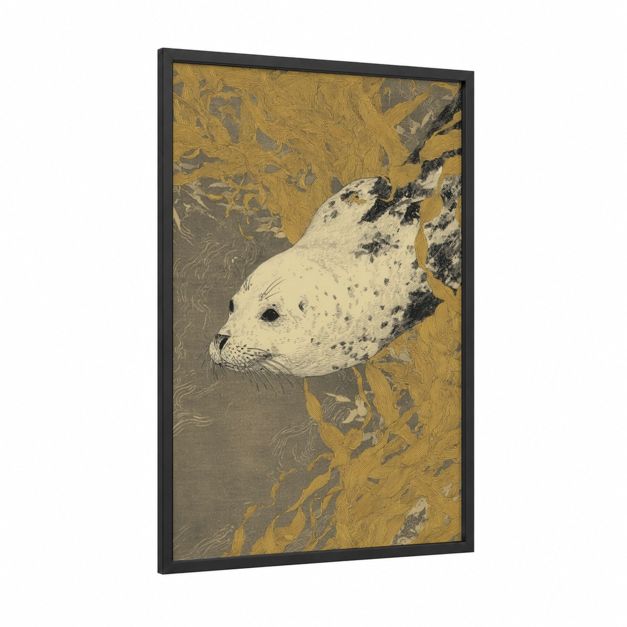Spotted Seal framed art print — black wood frame — gold and white palette