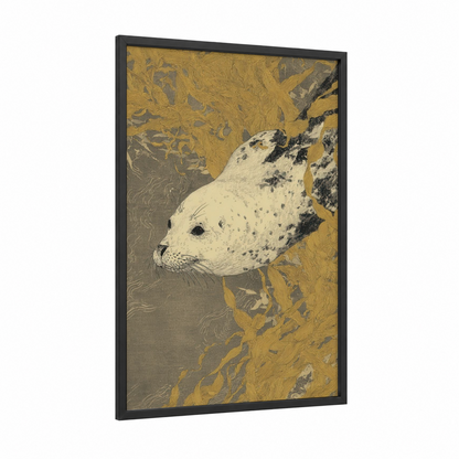 Spotted Seal framed art print — black wood frame — gold and white palette