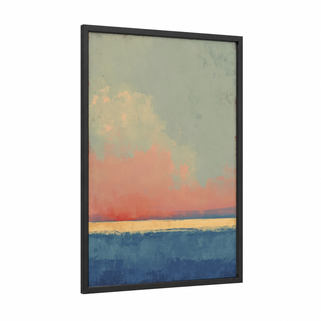Pastel Morning Sky framed art print — black wood frame — peach and blue palette