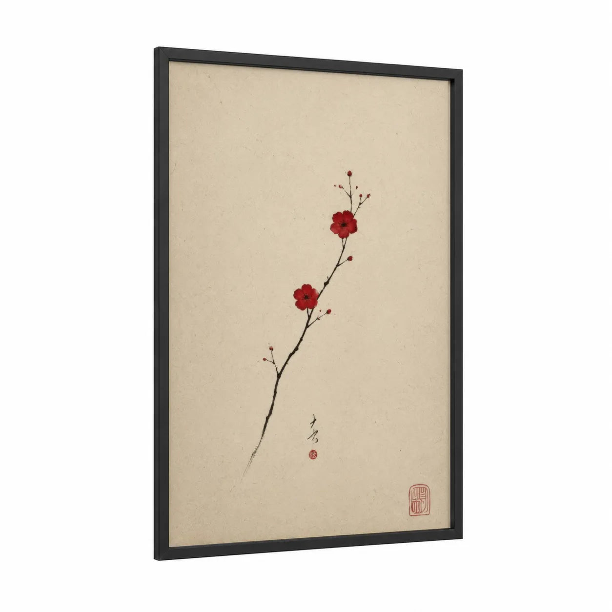 Cherry Blossom Branch Japanese Wall Art framed cherry blossoms print — black wood frame — red and beige palette