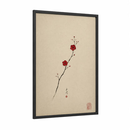 Cherry Blossom Branch Japanese Wall Art framed cherry blossoms print — black wood frame — red and beige palette
