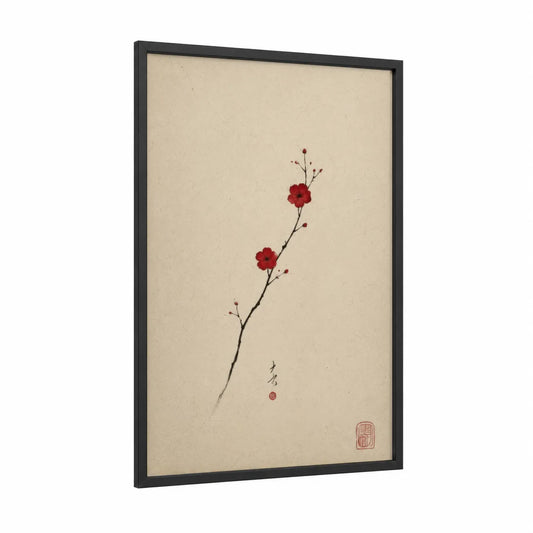 Cherry Blossom Branch Japanese Wall Art framed cherry blossoms print — black wood frame — red and beige palette