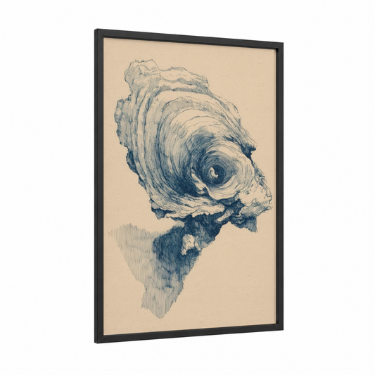 Oyster Shell Study framed art print — black wood frame — blue and white and cream palette
