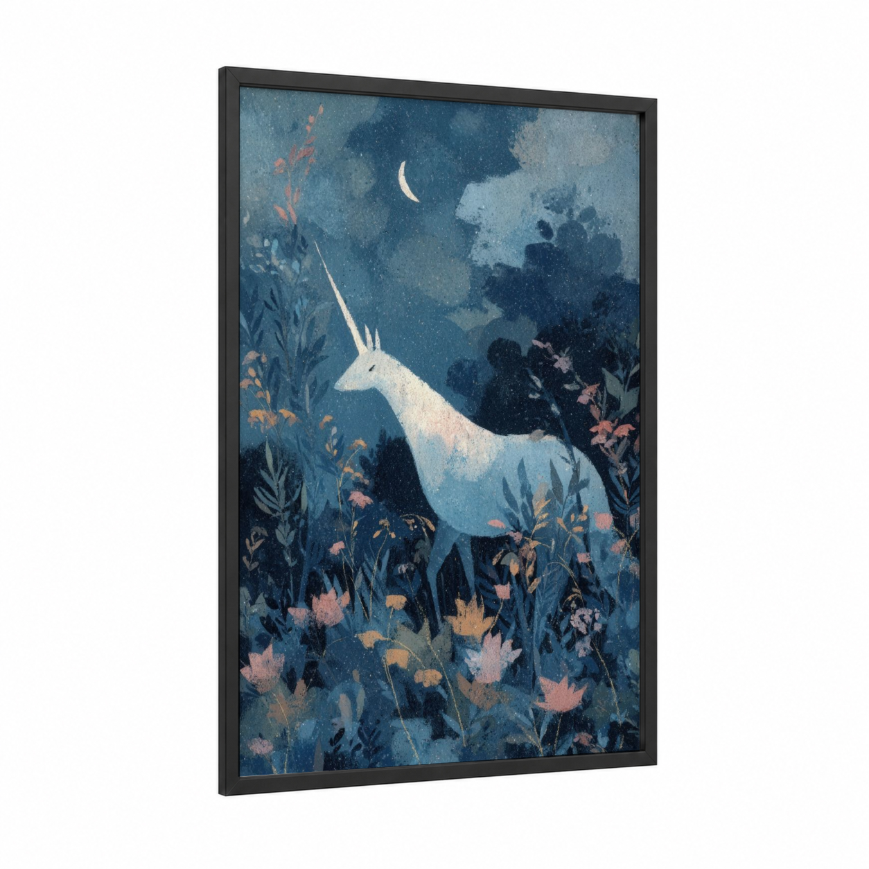 Moonlit Unicorn framed unicorns print — black wood frame — blue and rose gold palette