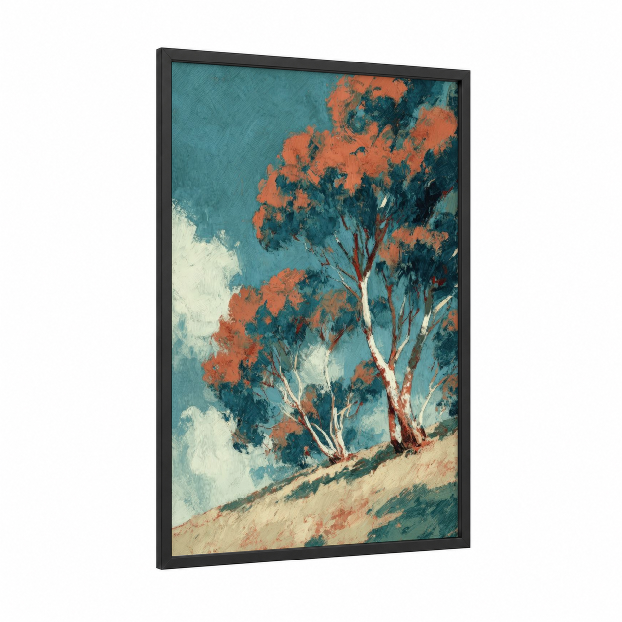 Russet Eucalyptus framed eucalyptus forest print — black wood frame — teal and russet palette
