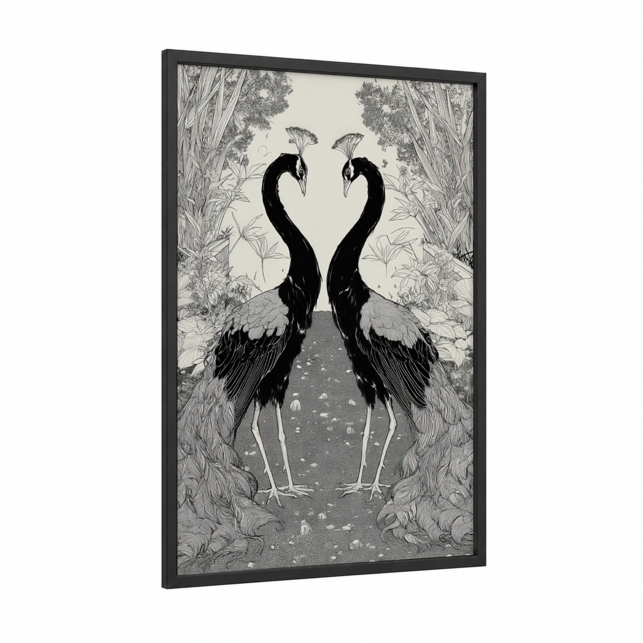 Mirrored Peacocks framed art print — black wood frame — black and white palette