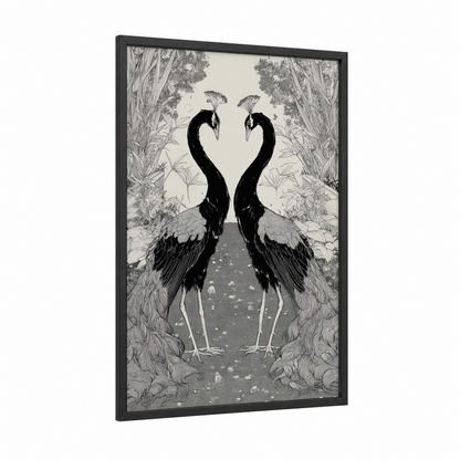 Mirrored Peacocks framed art print — black wood frame — black and white palette