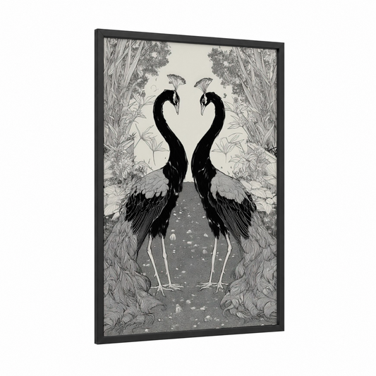 Mirrored Peacocks framed art print — black wood frame — black and white palette
