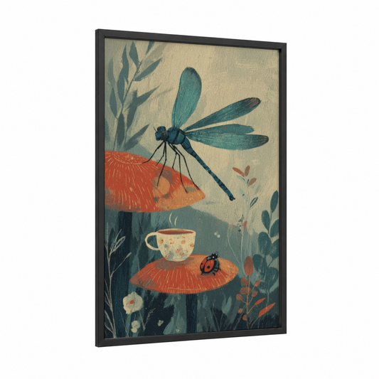 Teacup Dragonfly framed art print — black wood frame — teal and cream palette