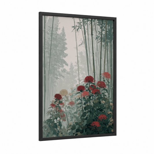 Misty Chrysanthemum Garden framed art print — black wood frame — red and sage green palette