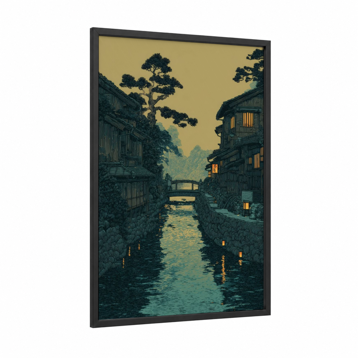 Lantern Village Bridge framed art print — black wood frame — gold and dark blue palette