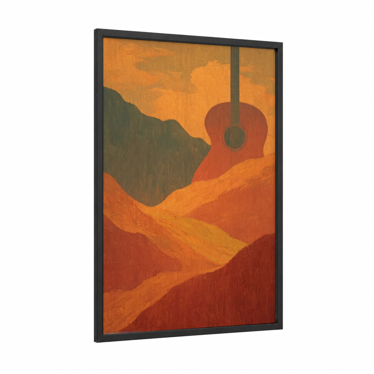 Desert Guitar Sunset framed acoustic guitar print — black wood frame — orange and red palette