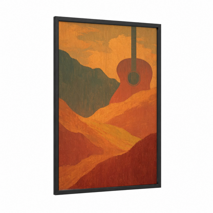 Desert Guitar Sunset framed acoustic guitar print — black wood frame — orange and red palette