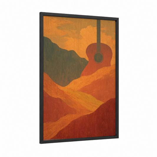 Desert Guitar Sunset framed acoustic guitar print — black wood frame — orange and red palette