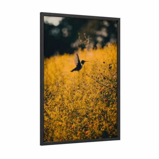 Golden Hummingbird framed art print — black wood frame — yellow gold and black palette