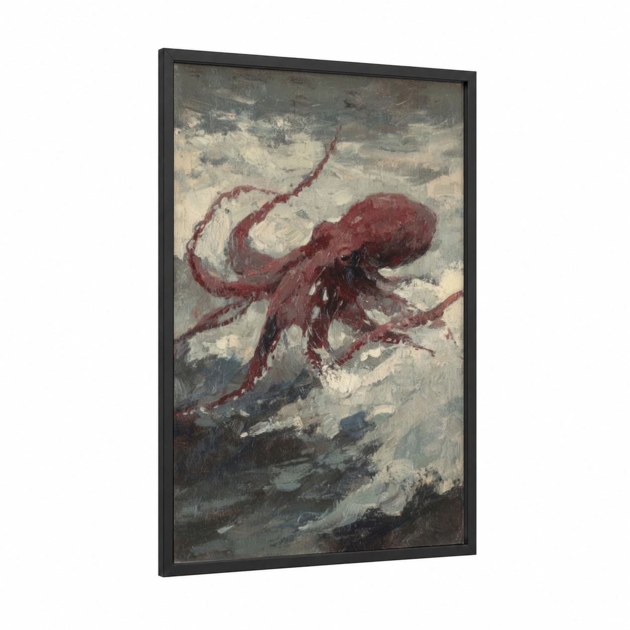 Deep Sea Octopus framed art print — black wood frame — maroon and cream palette