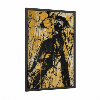 Golden Lion Abstraction framed art print — black wood frame — gold and black palette