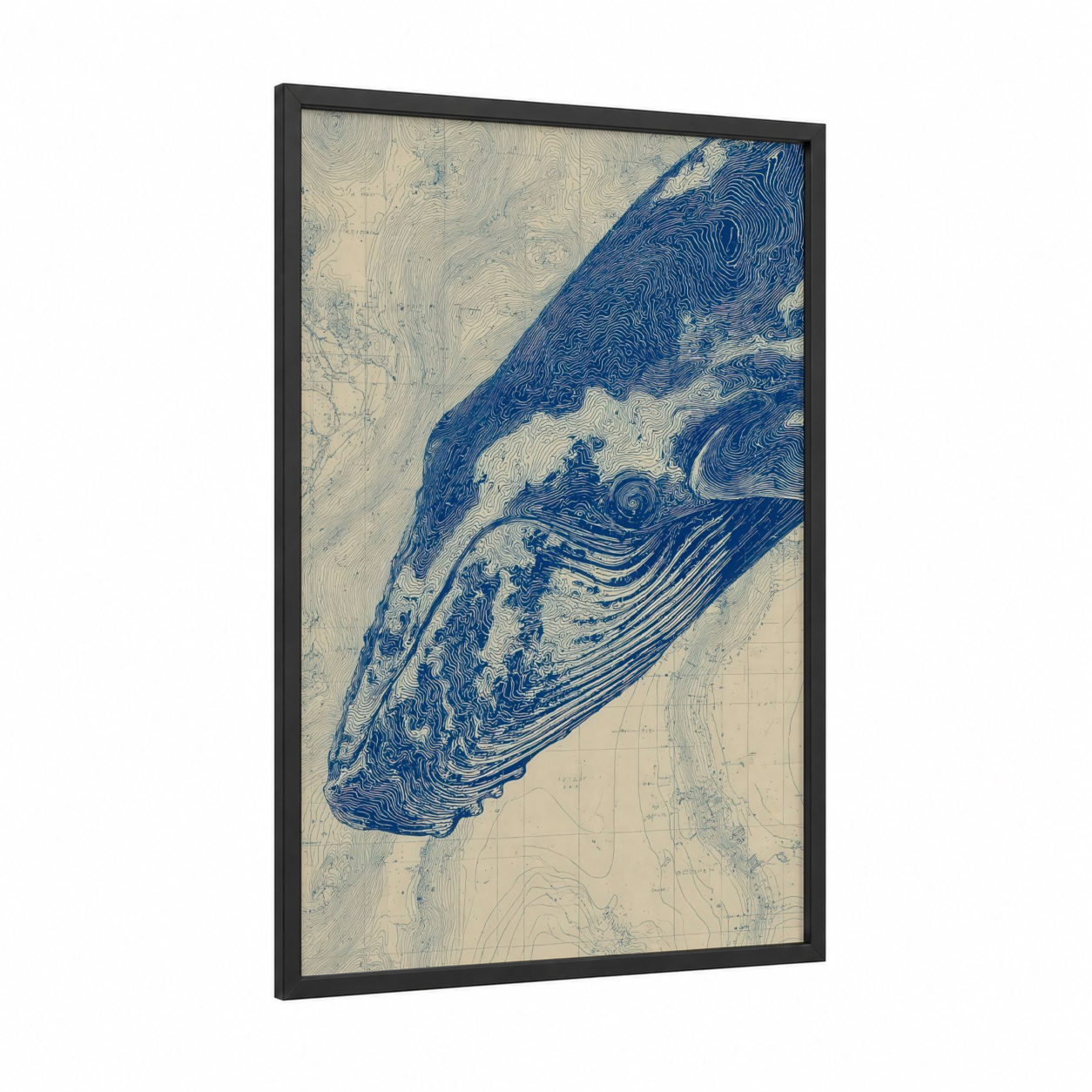 Topographic Blue Whale framed art print — black wood frame — blue and white and cream palette