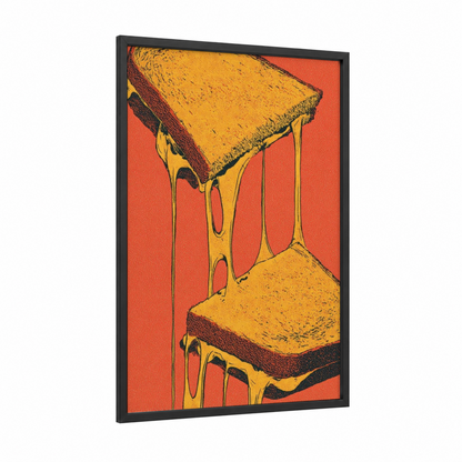 Melting Cheese framed art print — black wood frame — yellow gold and orange palette