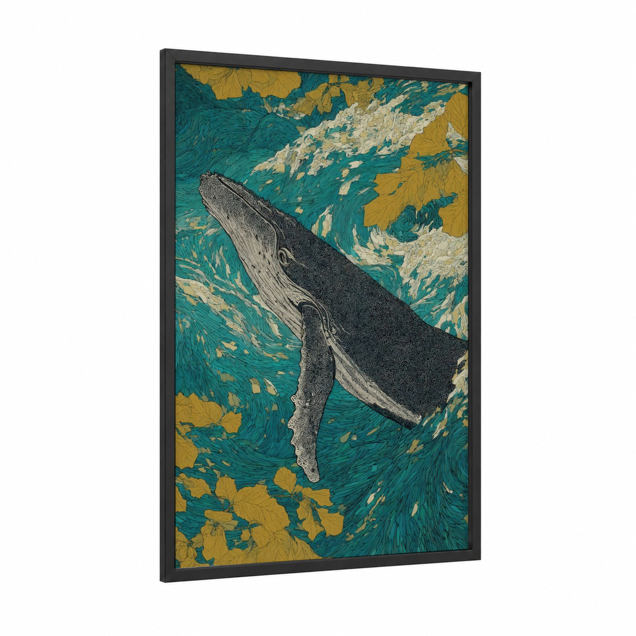 Graceful Gray Whale framed art print — black wood frame — teal and gold palette