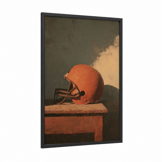 Crimson Football Helmet framed art print — black wood frame — pumpkin and olive palette