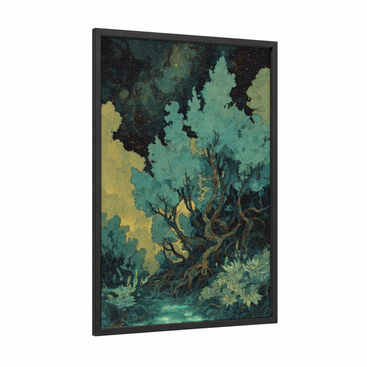 Mystical Mangrove framed art print — black wood frame — teal and black palette