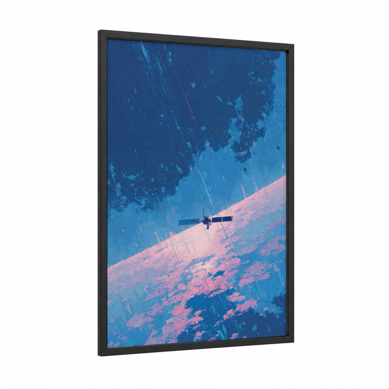 Orbital Perspective framed satellite print — black wood frame — blue and salmon pink palette