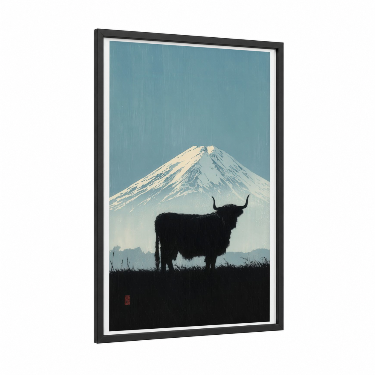Snowy Highland Majesty framed highland cow print — black wood frame — blue and black and white palette