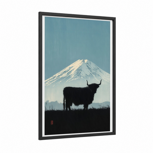 Snowy Highland Majesty framed highland cow print — black wood frame — blue and black and white palette
