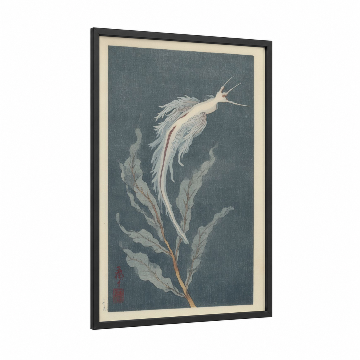 Ethereal Sea Angel framed nudibranch print — black wood frame — bermuda gray and white palette