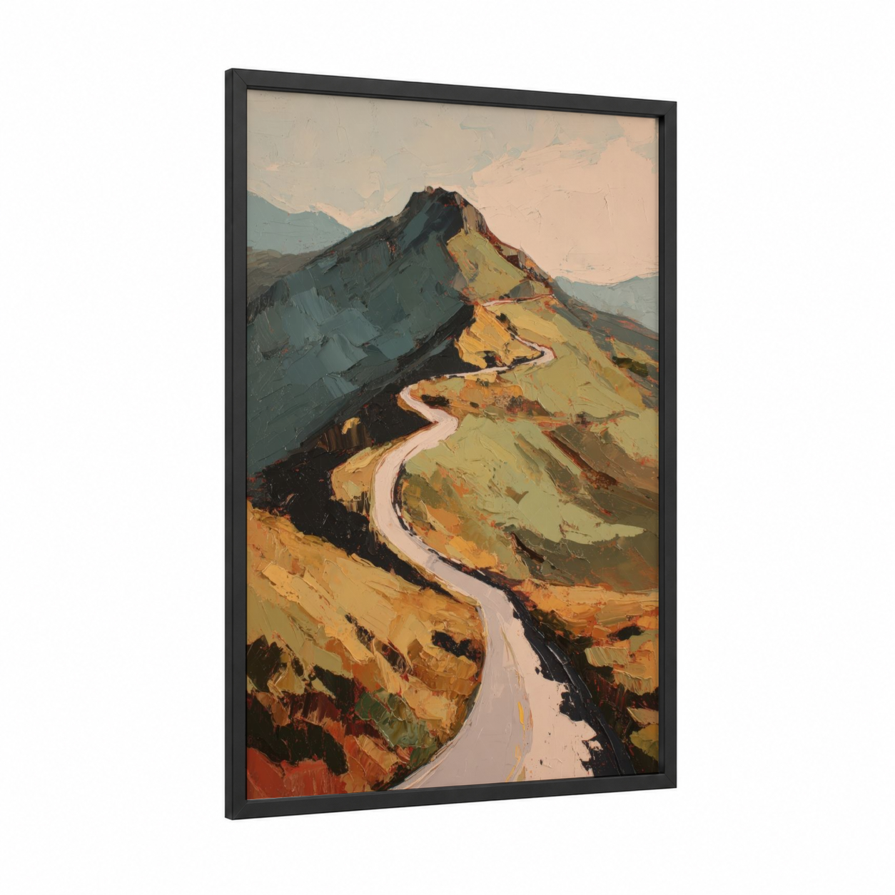 Alpine Passage framed alps print — black wood frame — gold and bermuda gray palette